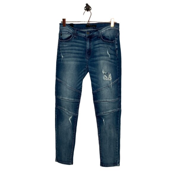 Kancan Size 11 29 Dark Wash Denim Distressed Stretch Moto Mid Rise Skinny Jeans - Picture 1 of 4